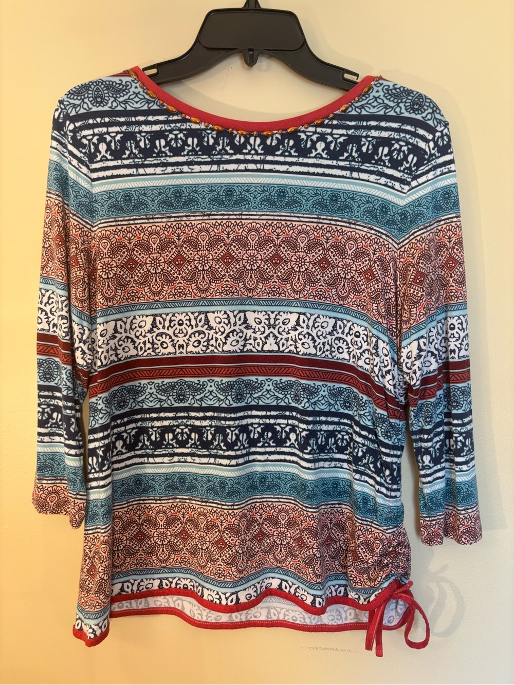 Ruby Rd. Multicolor Striped Boho Long Sleeve Top in Navy, Teal & Red